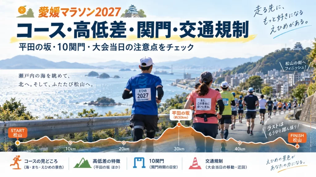 愛媛マラソン2027のコース・高低差・平田交差点周辺の坂・10か所の関門を解説するイメージ図