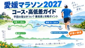 愛媛マラソン2027のコース、高低差、平田の坂、終盤の難所を解説する記事のアイキャッチ