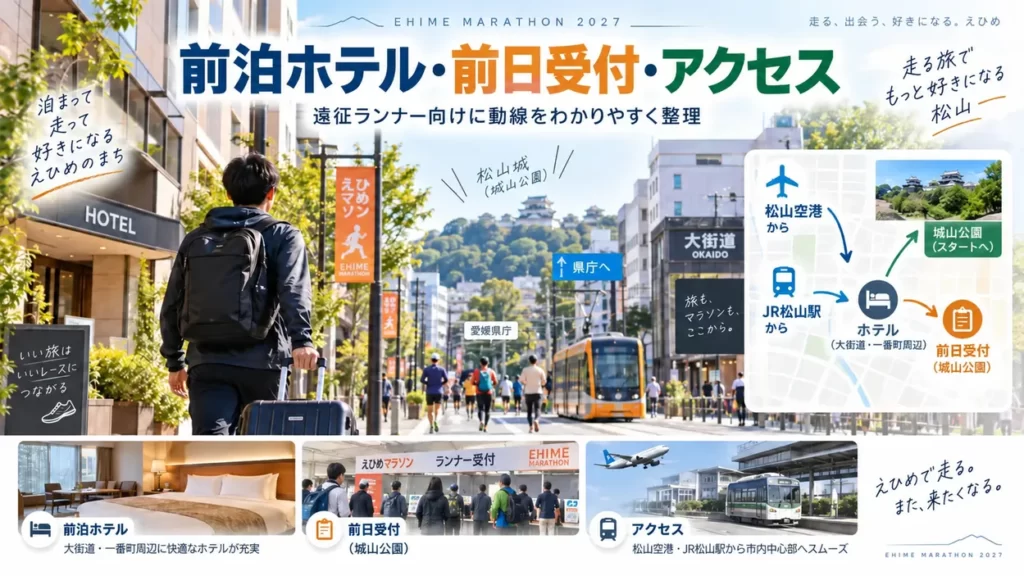 愛媛マラソン2027の前泊ホテル・城山公園でのランナー受付・松山へのアクセスを解説する図