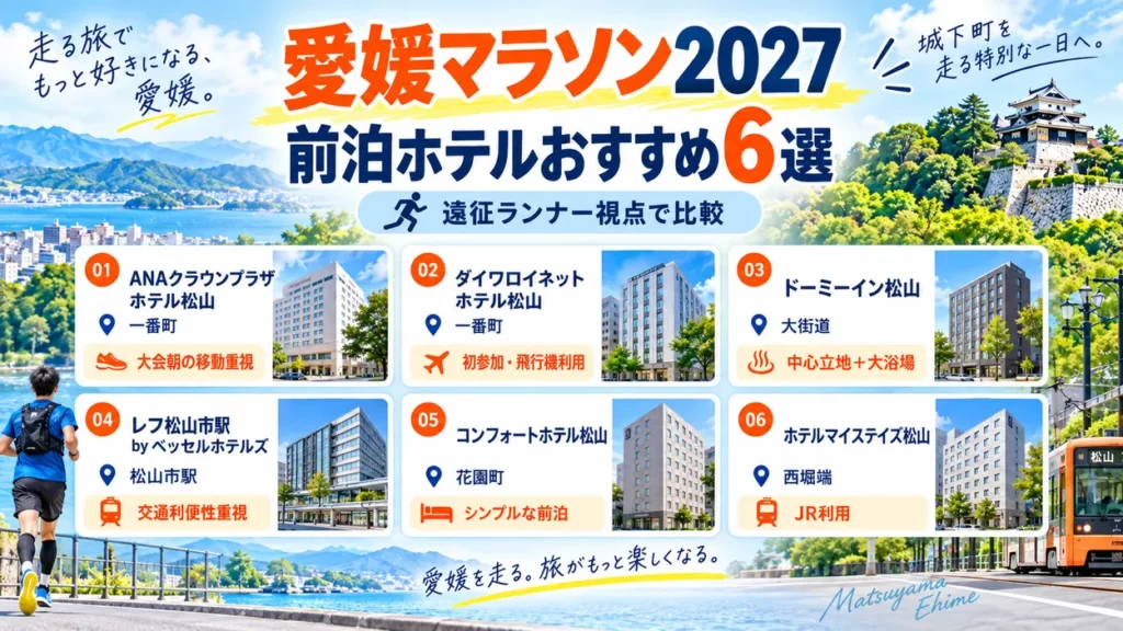 愛媛マラソン2027の前泊候補6ホテルを、大街道・松山市駅・西堀端などの立地と遠征ランナー向けの特徴で比較