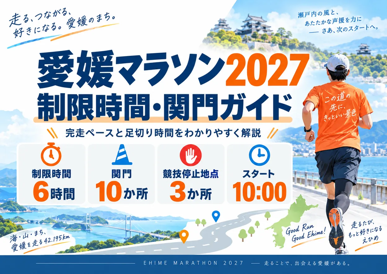 愛媛マラソン2027の制限時間6時間、関門10か所、競技停止地点3か所を解説する記事のアイキャッチ