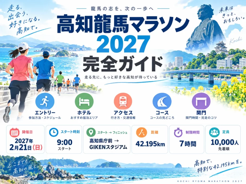 高知龍馬マラソン2027完全ガイド。エントリー、前泊ホテル、アクセス、コース、制限時間・関門など大会準備の全体像を紹介