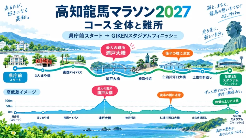 高知龍馬マラソンの浦戸大橋攻略ポイント。20km手前の上りでペースを上げすぎず、橋を越えた後に脚を残す走り方を解説