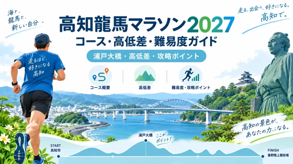 高知龍馬マラソン2027のコース・高低差・難易度を解説するガイド画像。浦戸大橋などの難所と攻略ポイントを紹介