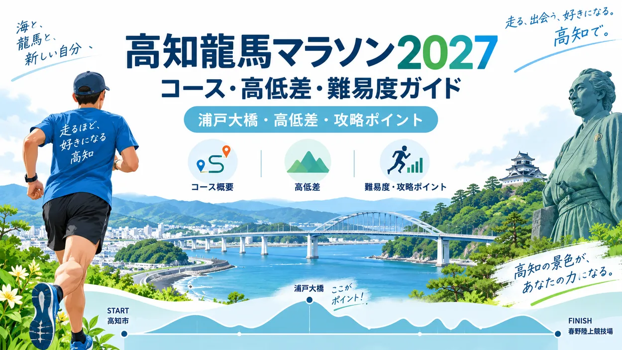 高知龍馬マラソン2027のコース・高低差・難易度を解説するガイド画像。浦戸大橋などの難所と攻略ポイントを紹介