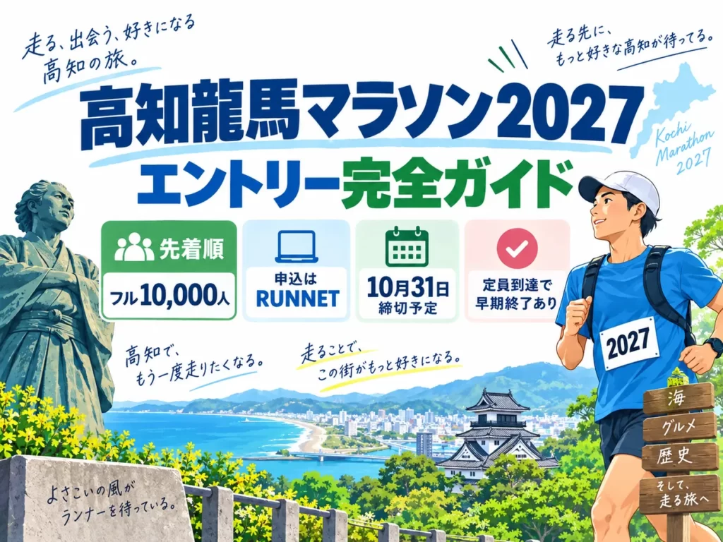 高知龍馬マラソン2027のエントリーガイド。先着順、フル定員1万人、RUNNET申込、10月31日締切予定を解説