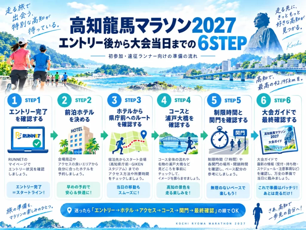 高知龍馬マラソン2027の準備6ステップ。エントリー確認、前泊ホテル、県庁前へのアクセス、コース・浦戸大橋、制限時間・関門、大会ガイド確認の流れ
