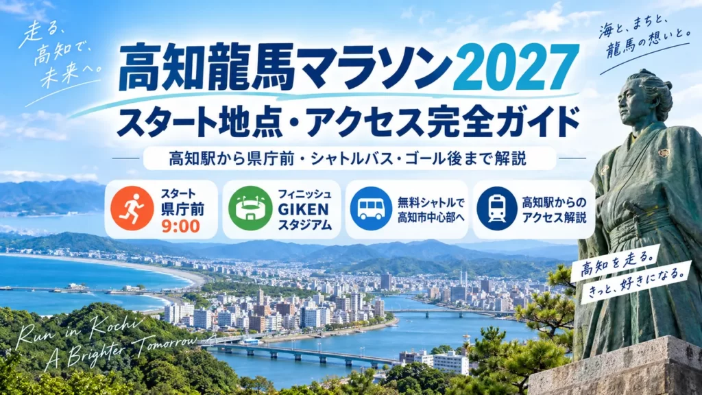 高知龍馬マラソン2027のスタート地点・アクセスを解説するガイド。県庁前スタート、高知駅からの行き方、シャトルバス、ゴール後の移動を紹介