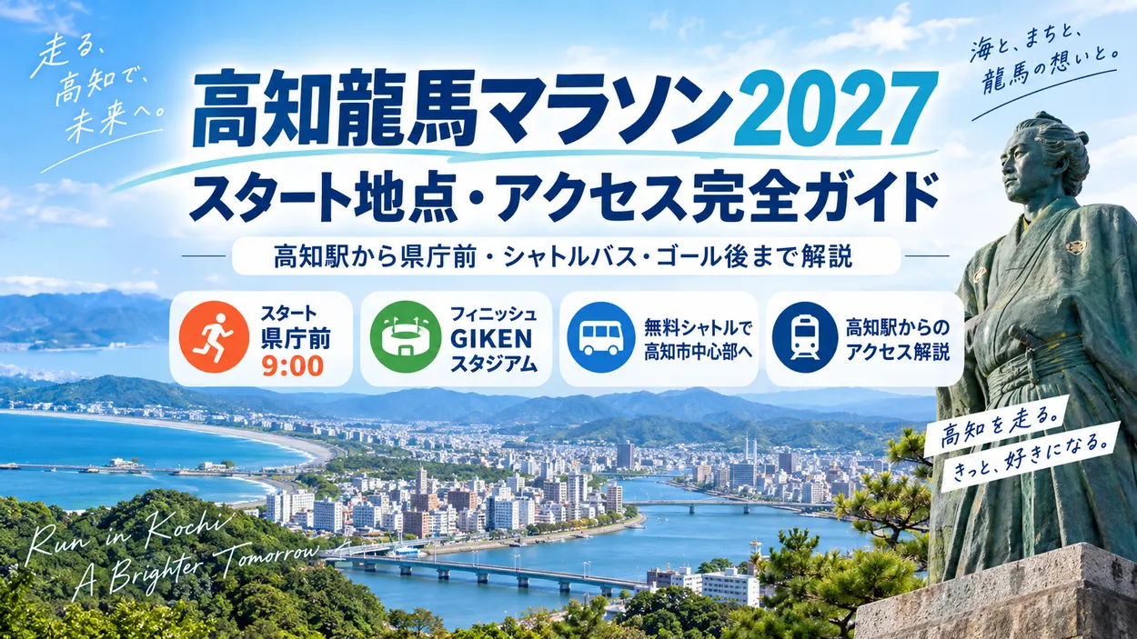 高知龍馬マラソン2027のスタート地点・アクセスを解説するガイド。県庁前スタート、高知駅からの行き方、シャトルバス、ゴール後の移動を紹介