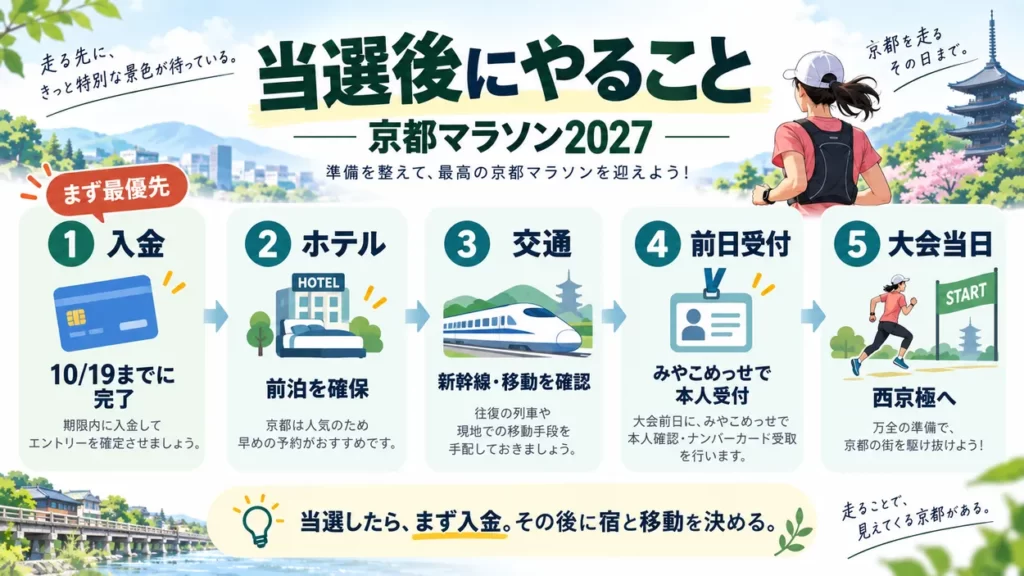 京都マラソン2027当選後にやること。参加料の入金、前泊ホテル確保、交通手段確認、みやこめっせでの前日受付、大会当日までの5ステップ