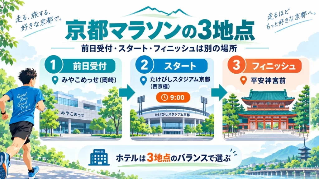 京都マラソン2027の3地点。前日受付はみやこめっせ、スタートは西京極のたけびしスタジアム京都、フィニッシュは平安神宮前