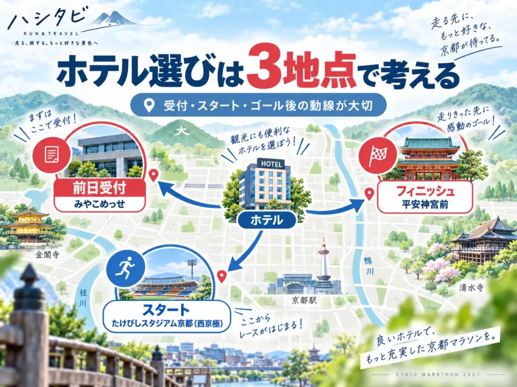 京都マラソン2027の宿泊候補となる四条烏丸、西院、京都駅、烏丸御池を、前日受付・スタート・レース後の移動というランナー目線で比較したハシタビ独自のエリア比較イメージ。表示している評価は実測値や大会公式評価ではなく、交通動線をもとにした編集部評価です。