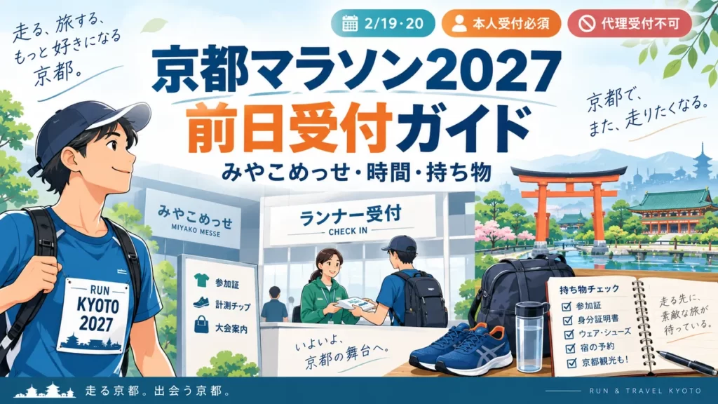 京都マラソン2027前日受付ガイド。みやこめっせ、受付時間、本人受付、持ち物を案内するイメージ画像